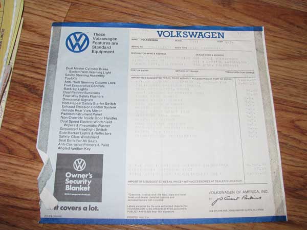 1974 VW Westfalia Window Sticker