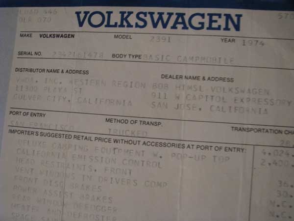 1974 VW Westfalia Receipt