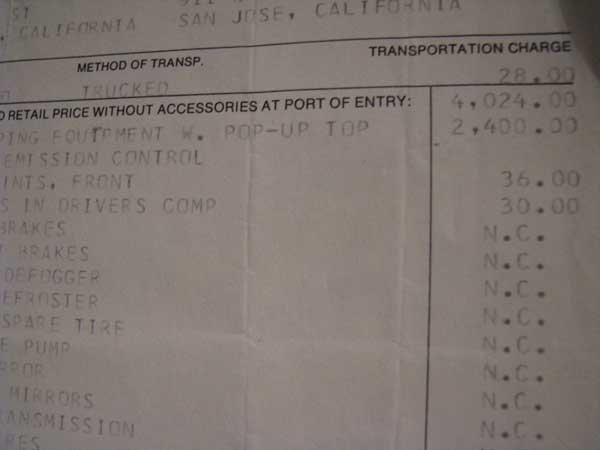 1974 VW Westfalia Receipt