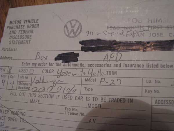 1974 VW Westfalia Receipt