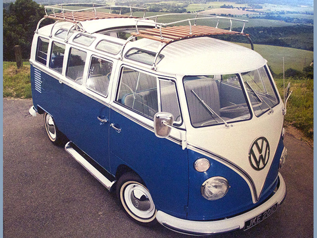 Blue/White 21-Window VW Bus
