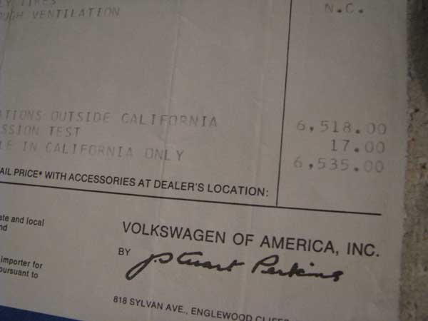 1974 VW Westfalia Receipt