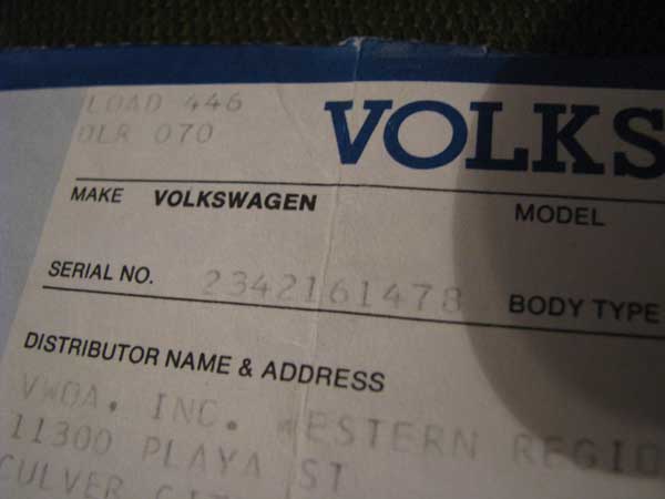 1974 VW Westfalia Receipt