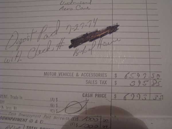 1974 VW Westfalia Receipt