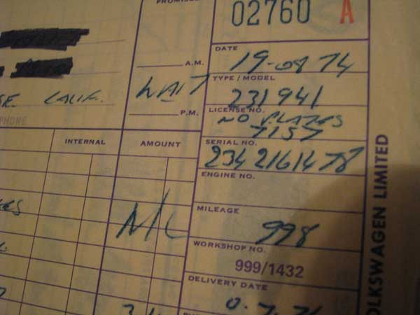 1974 VW Westfalia Receipt